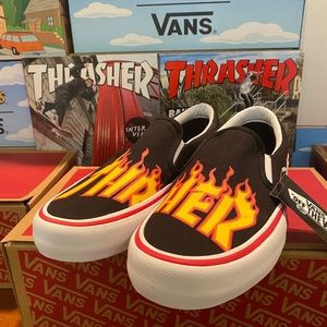 Vans x thrasher slip on pros.
